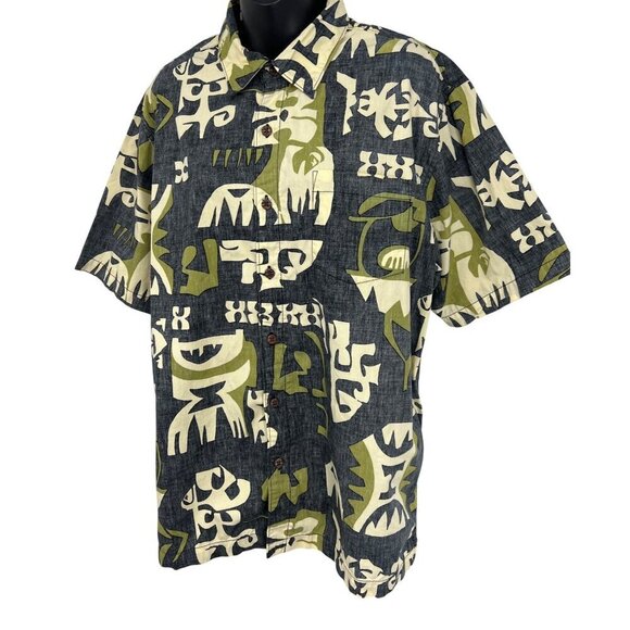 Quiksilver Mens Short Sleeve Hawaiian Shirt Size Large L Gray Tribal Hawaiian EU - Picture 2 of 8